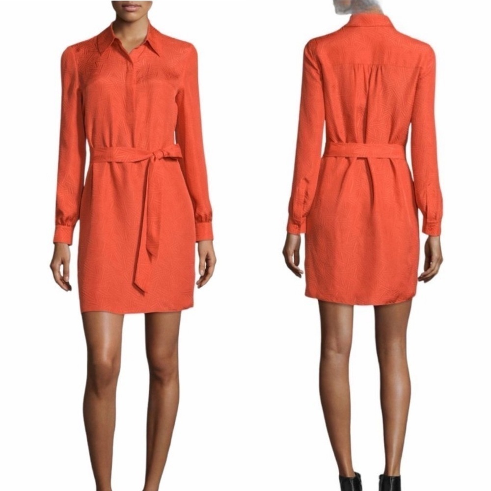 DVF Seanna 100% Silk Orange Geometric Hatch Printed Collar Career Shirt Dress